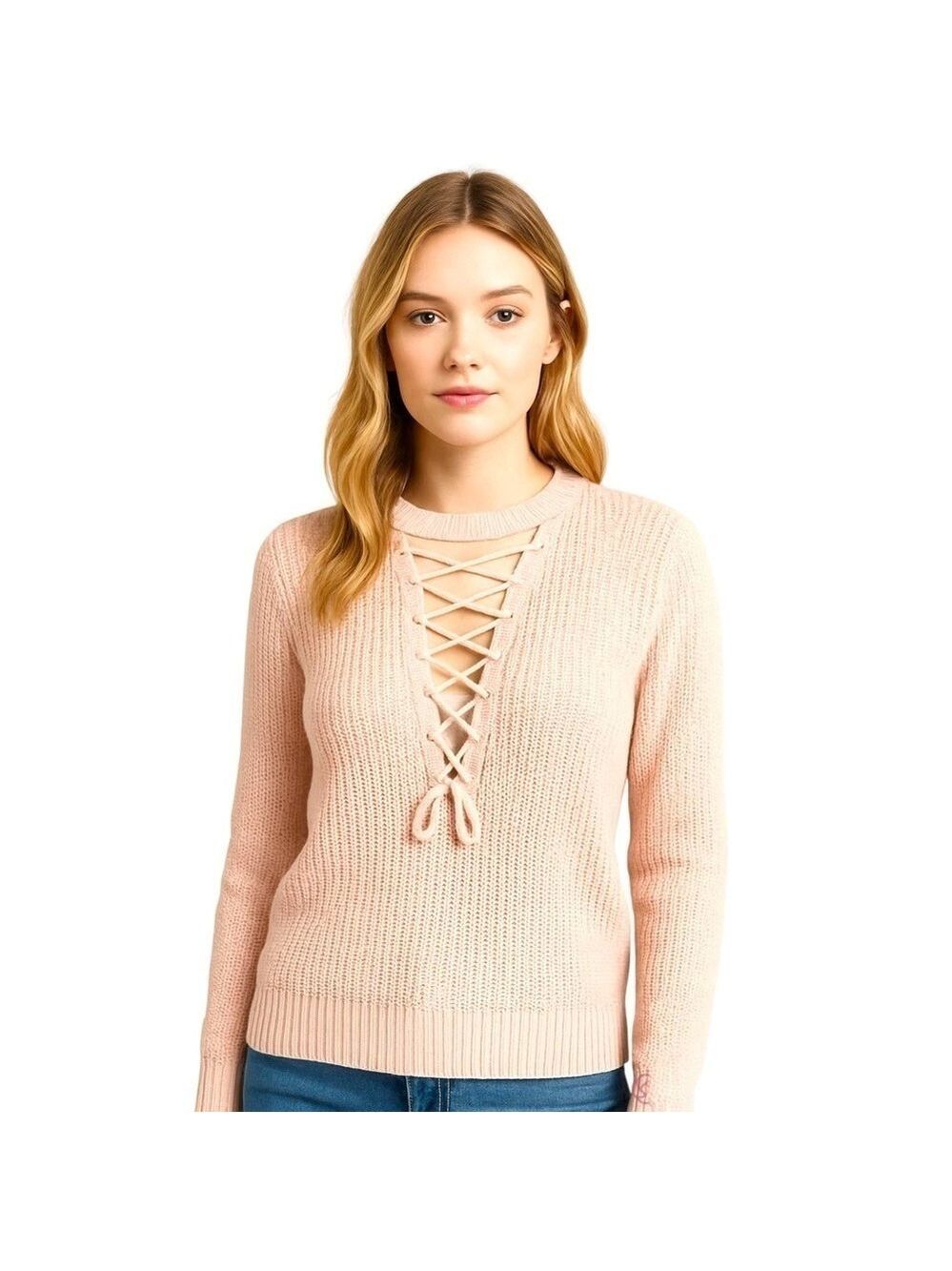Forever 21 Blush Pink Lace-Up Knit Sweater Chunky Pullover Size M Soft Girl